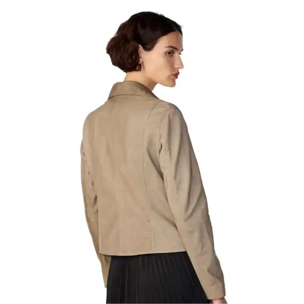 New Women's Tan Beige Suede Biker Leather Jacket - Stylish & Bold