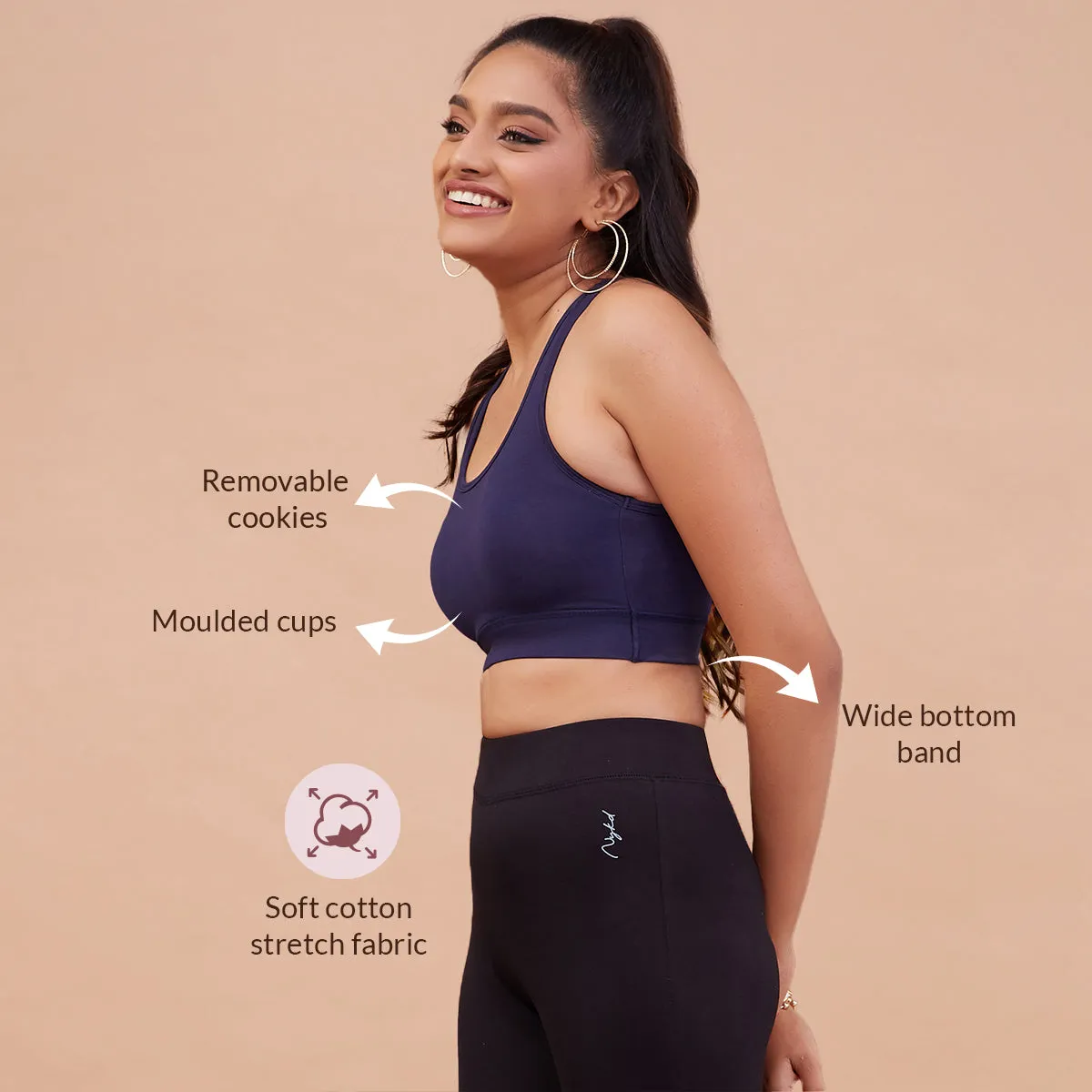 Nykd By Nykaa Cotton Stretch Slip On Sports Bra with Removable Cups NYK059 Peacoat