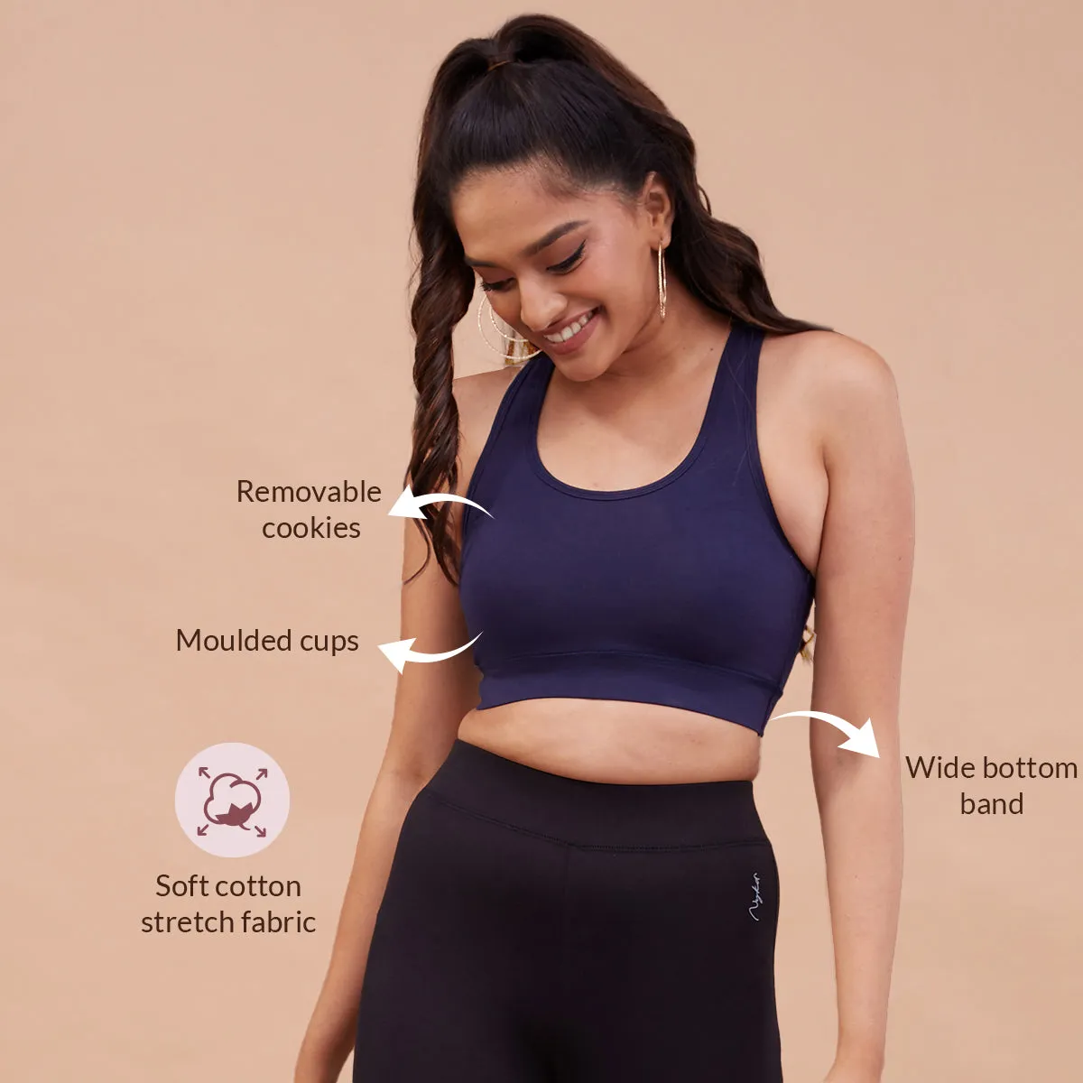 Nykd By Nykaa Cotton Stretch Slip On Sports Bra with Removable Cups NYK059 Peacoat