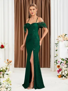 Off Shoulder Sequin Slit Slim Fit Straps Evening Dress