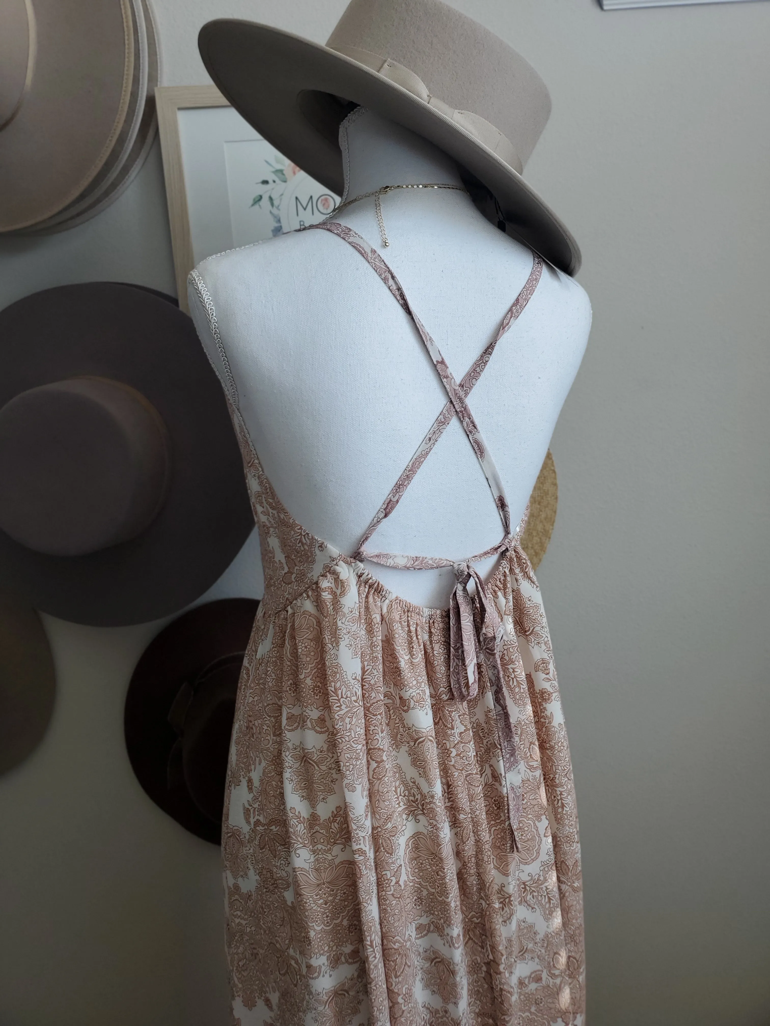 Ornate Floral Chiffon Open-Back Halter Maxi Dress
