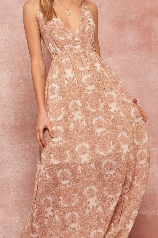 Ornate Floral Chiffon Open-Back Halter Maxi Dress