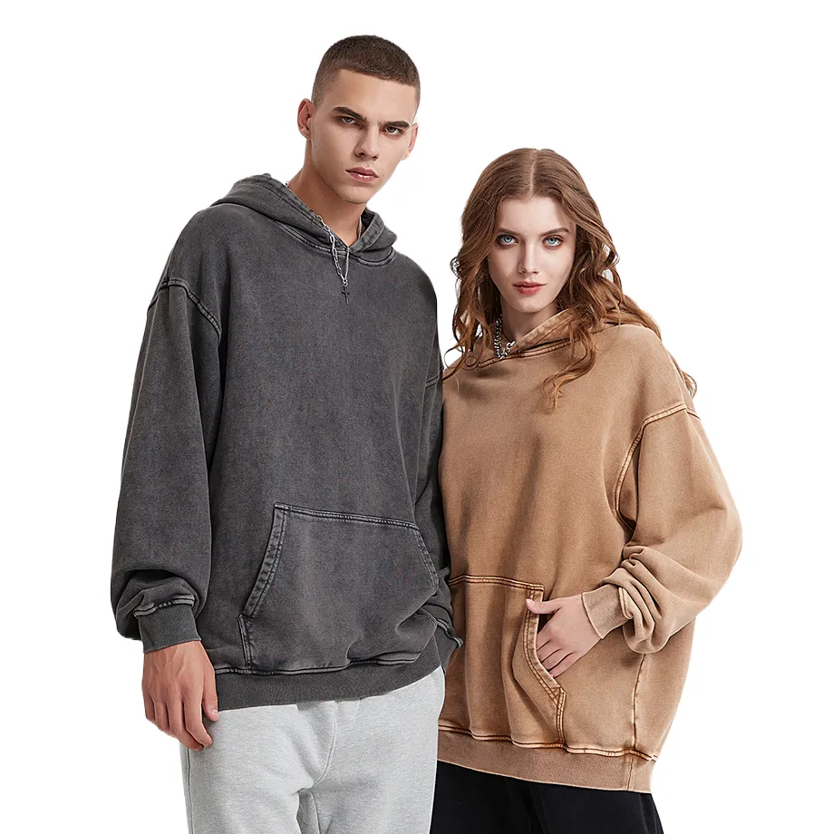 Oversized Cotton Hoodie in Acid Washed Neutral Tone