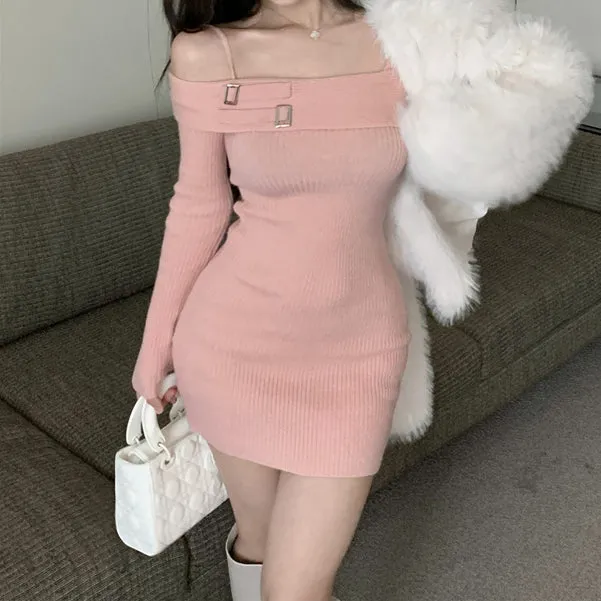 Pink Off Shoulder Sweater Knit Dress