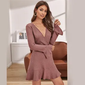 Pink Waffle Knit Flounce Sleeve Ruffle Dress