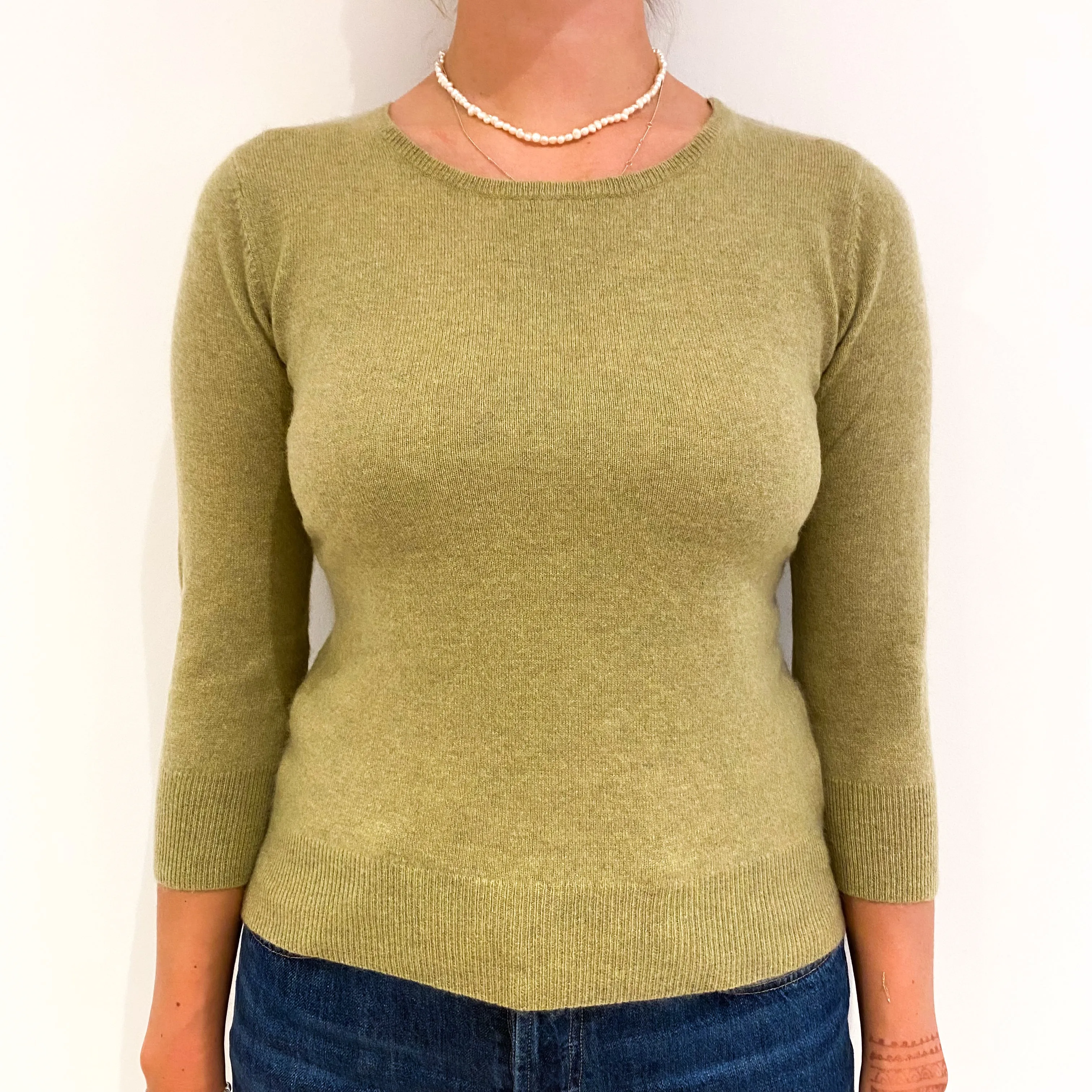 Pistachio Green 3/4 Sleeved Cashmere Crew Neck Jumper Small