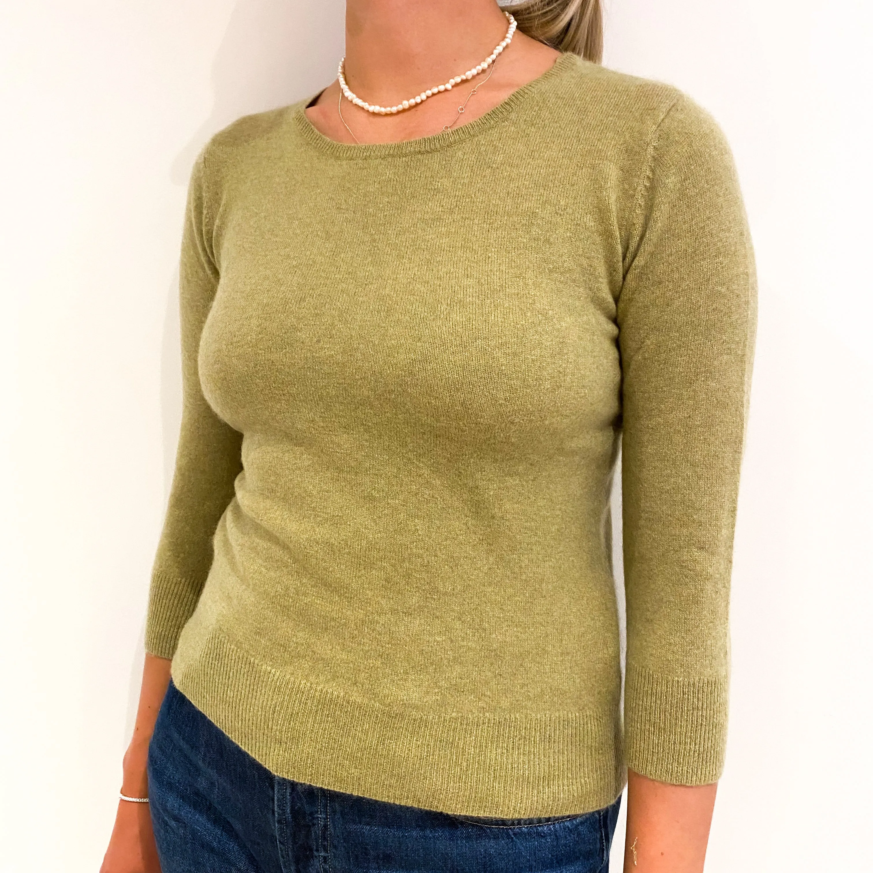 Pistachio Green 3/4 Sleeved Cashmere Crew Neck Jumper Small