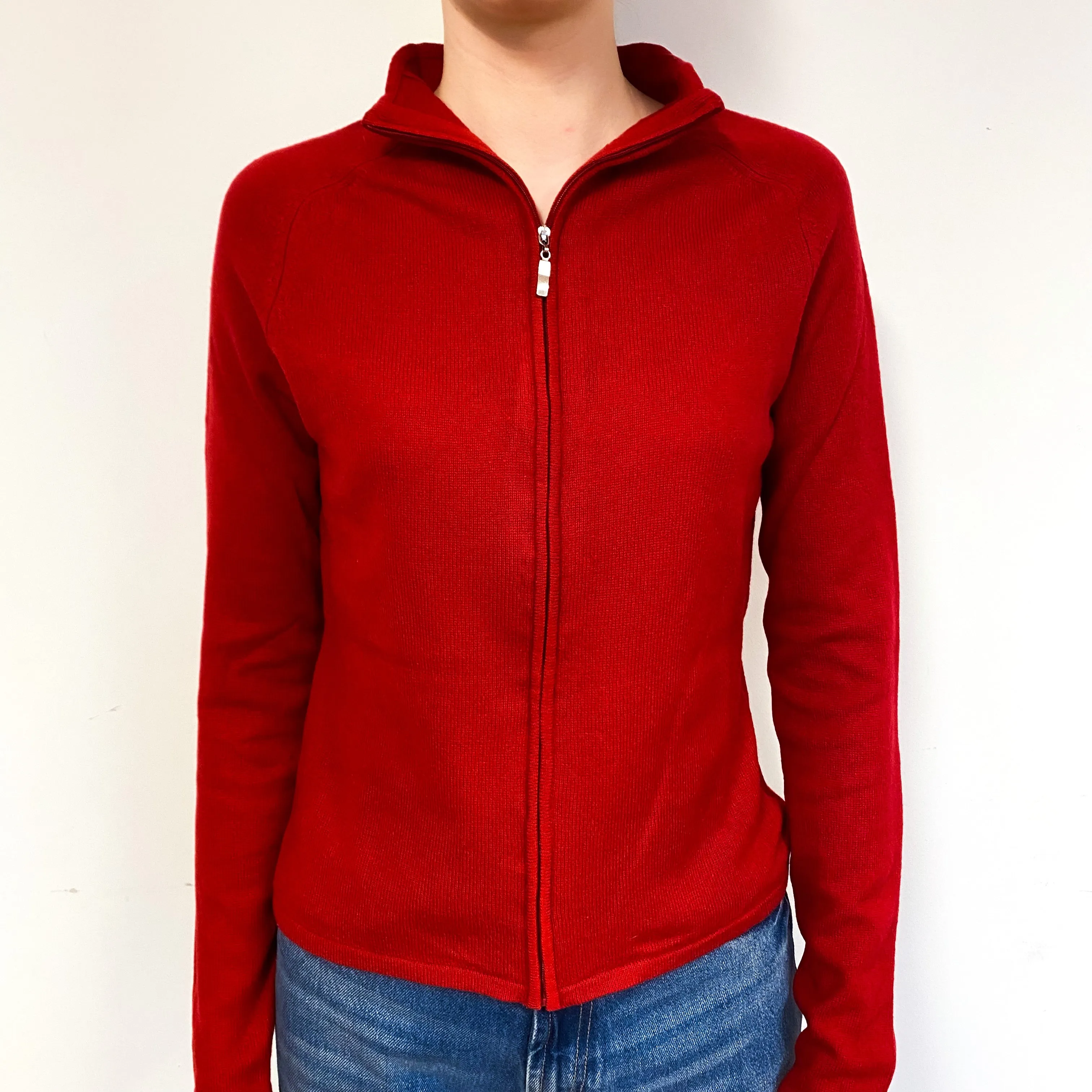 Post Box Red Cashmere Zip Front Cardigan Extra Small