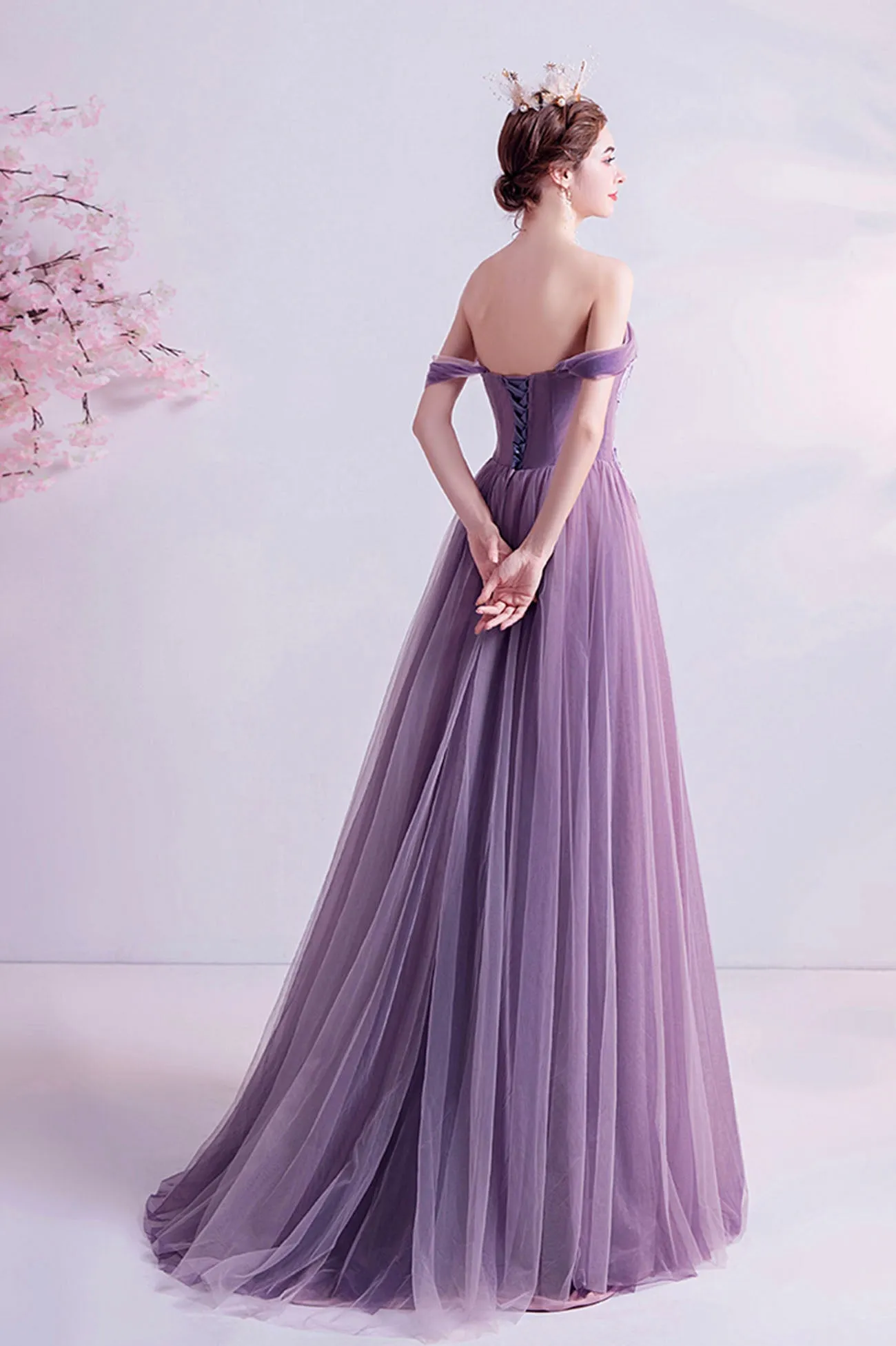 Purple Lace Long A-Line Prom Dress, Off the Shoulder Floor Length Formal Dress