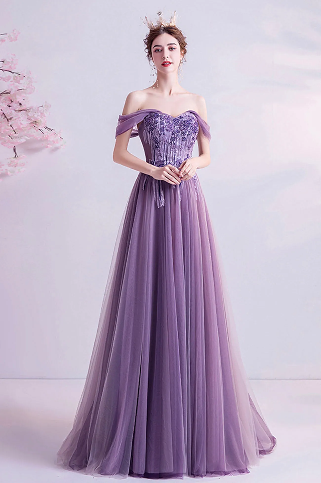 Purple Lace Long A-Line Prom Dress, Off the Shoulder Floor Length Formal Dress