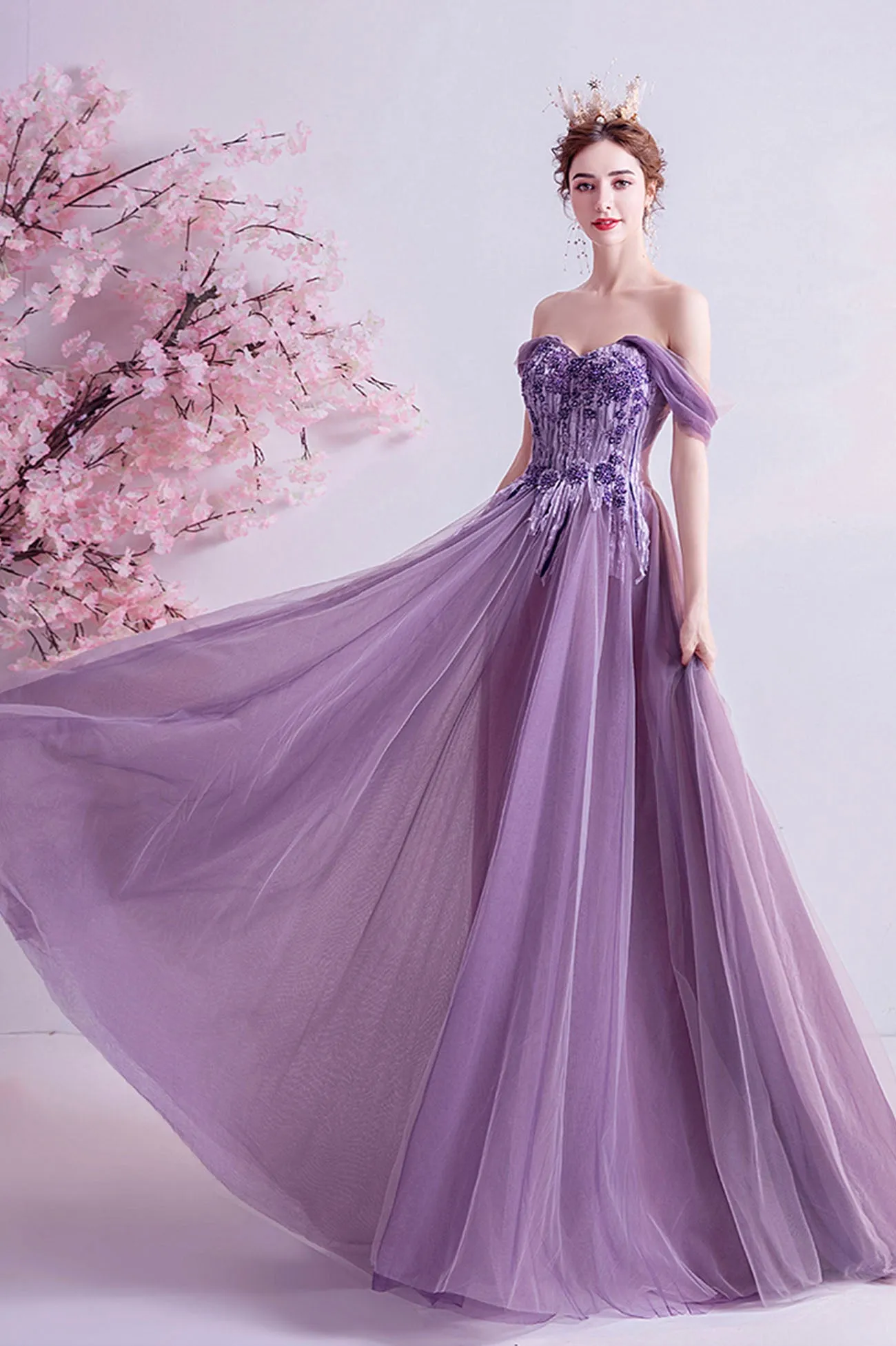 Purple Lace Long A-Line Prom Dress, Off the Shoulder Floor Length Formal Dress