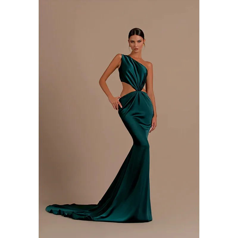 Sexy One Shoulder Ruched Satin Mermaid Long Formal Evening Dress