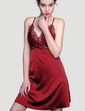 Shiny Eyelash Lace Trim Satin Slip Dress