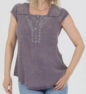 Short Sleeve Henley Blouse with Lace Inserts Rounded Hem