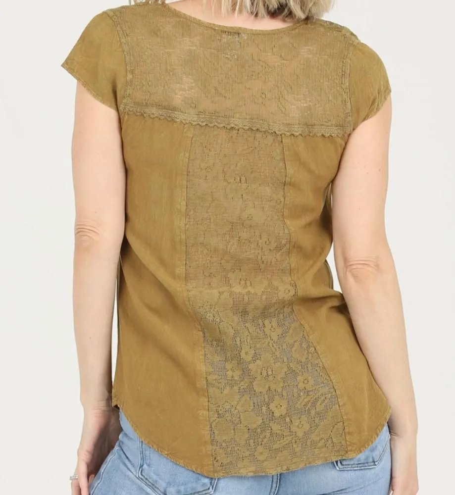 Short Sleeve Henley Blouse with Lace Inserts Rounded Hem