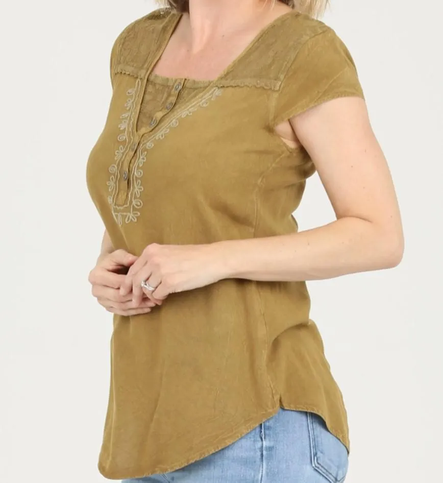 Short Sleeve Henley Blouse with Lace Inserts Rounded Hem