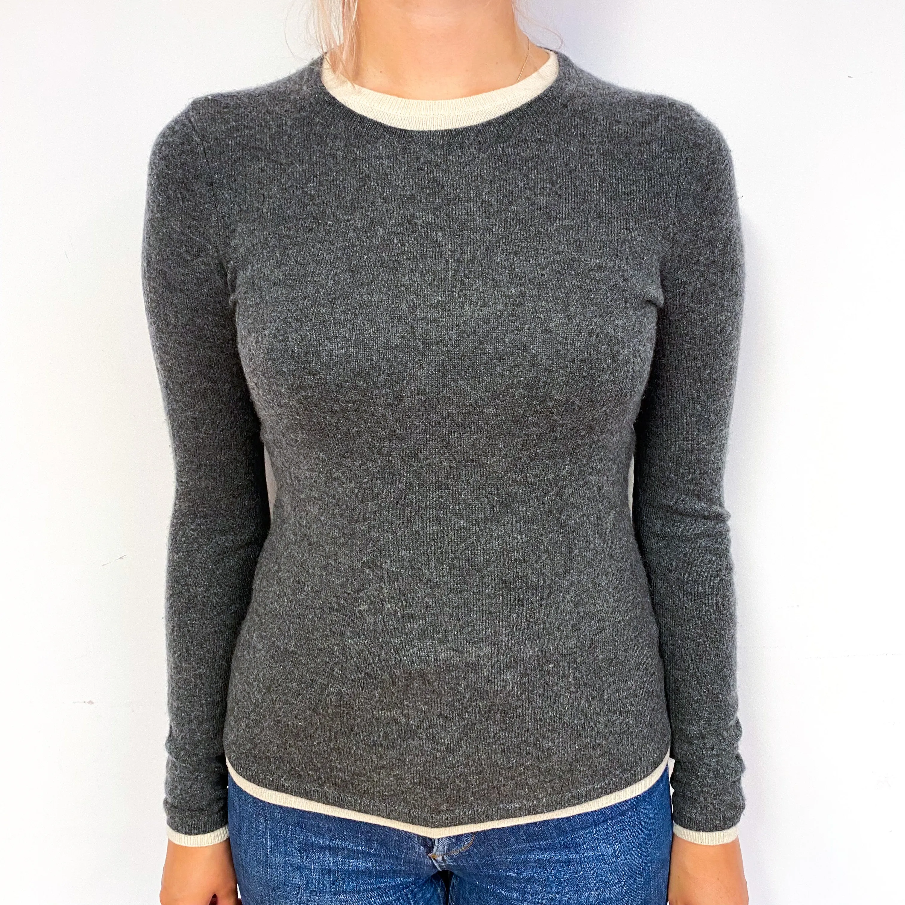 Slate Grey Cream Trim Cashmere Crew Neck Jumper Small