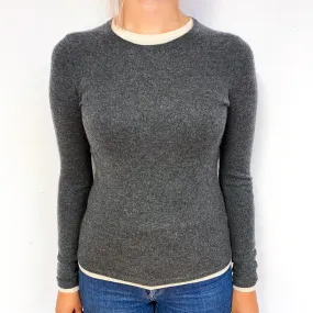Slate Grey Cream Trim Cashmere Crew Neck Jumper Small
