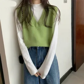 Sweater Vest Women Solid Autumn Winter All-match Leisure Outerwear Knitted V-Neck Sleeveless Female Elegant Chic Simple Harajuku