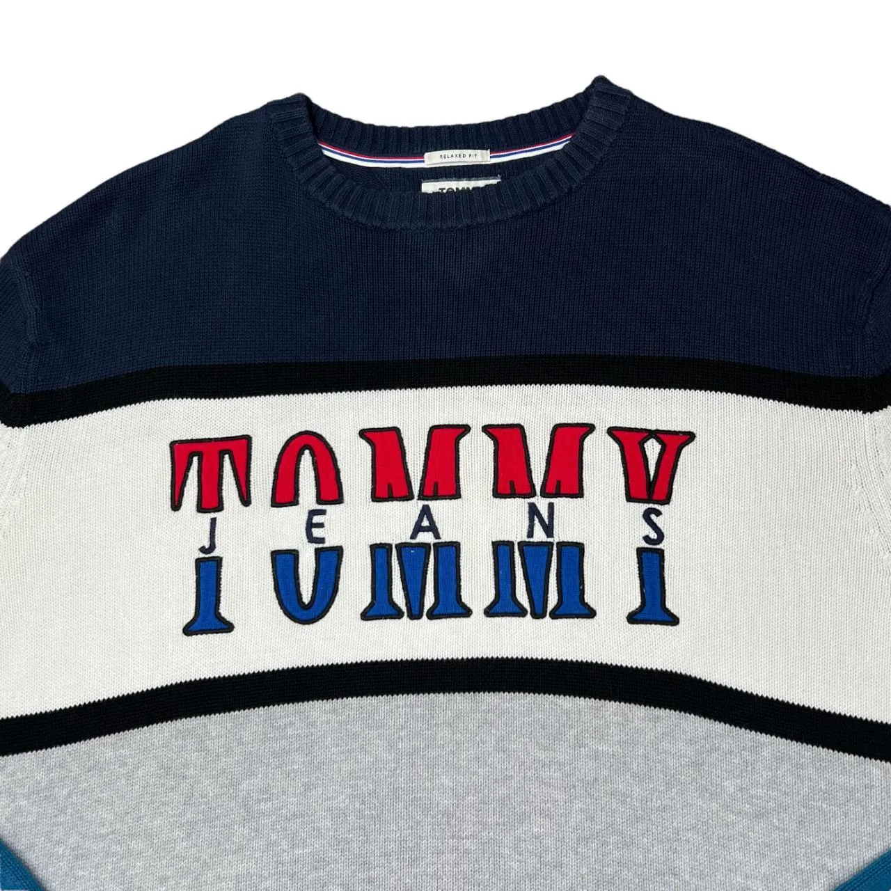 TOMMY JEANS Tommy Hilfiger Big Spellout Colour Block Knit Crewneck Sweater Jumper