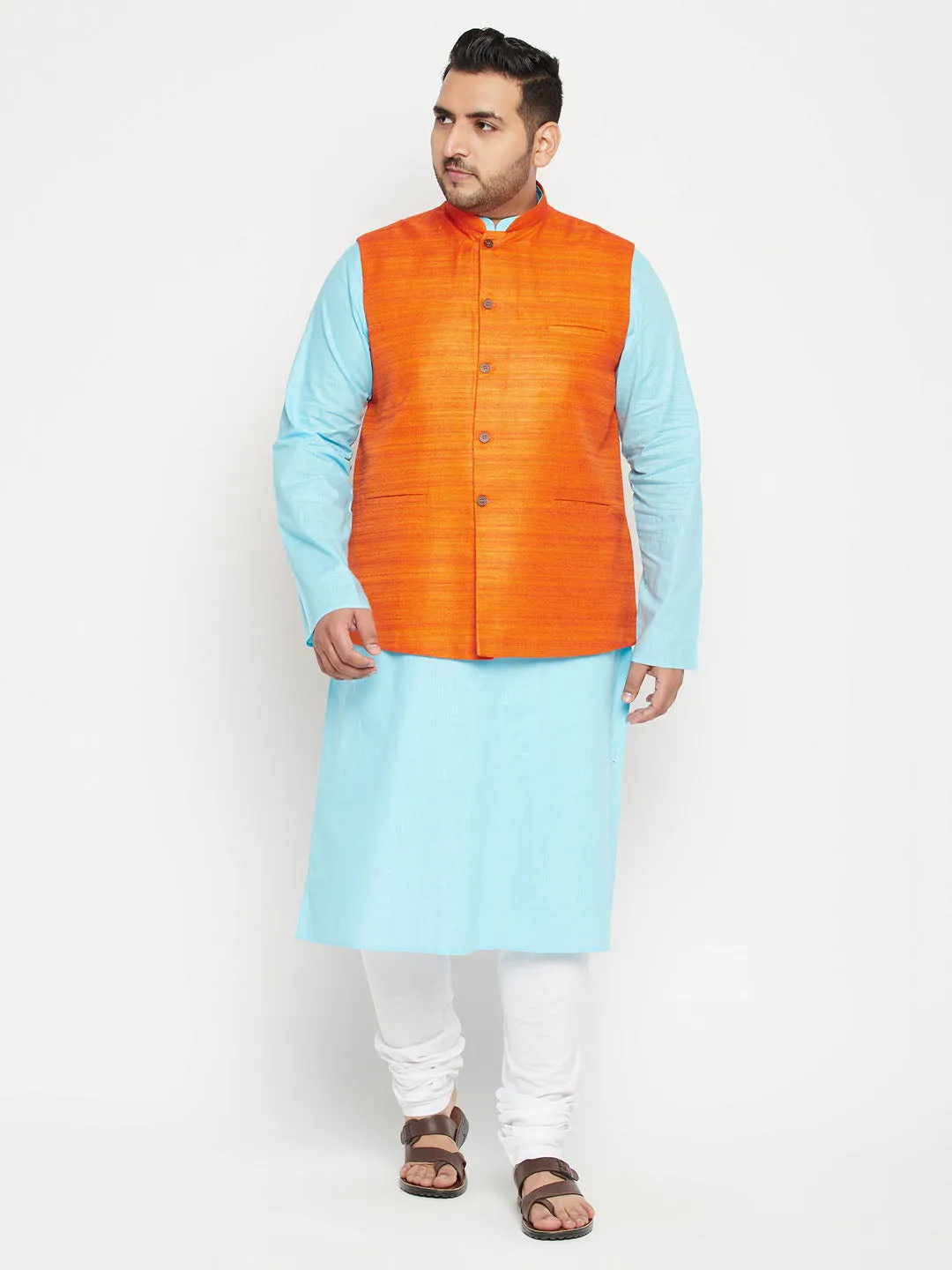 VASTRAMAY Men's Plus Size Orange Matka Silk Textured Nehru Jacket