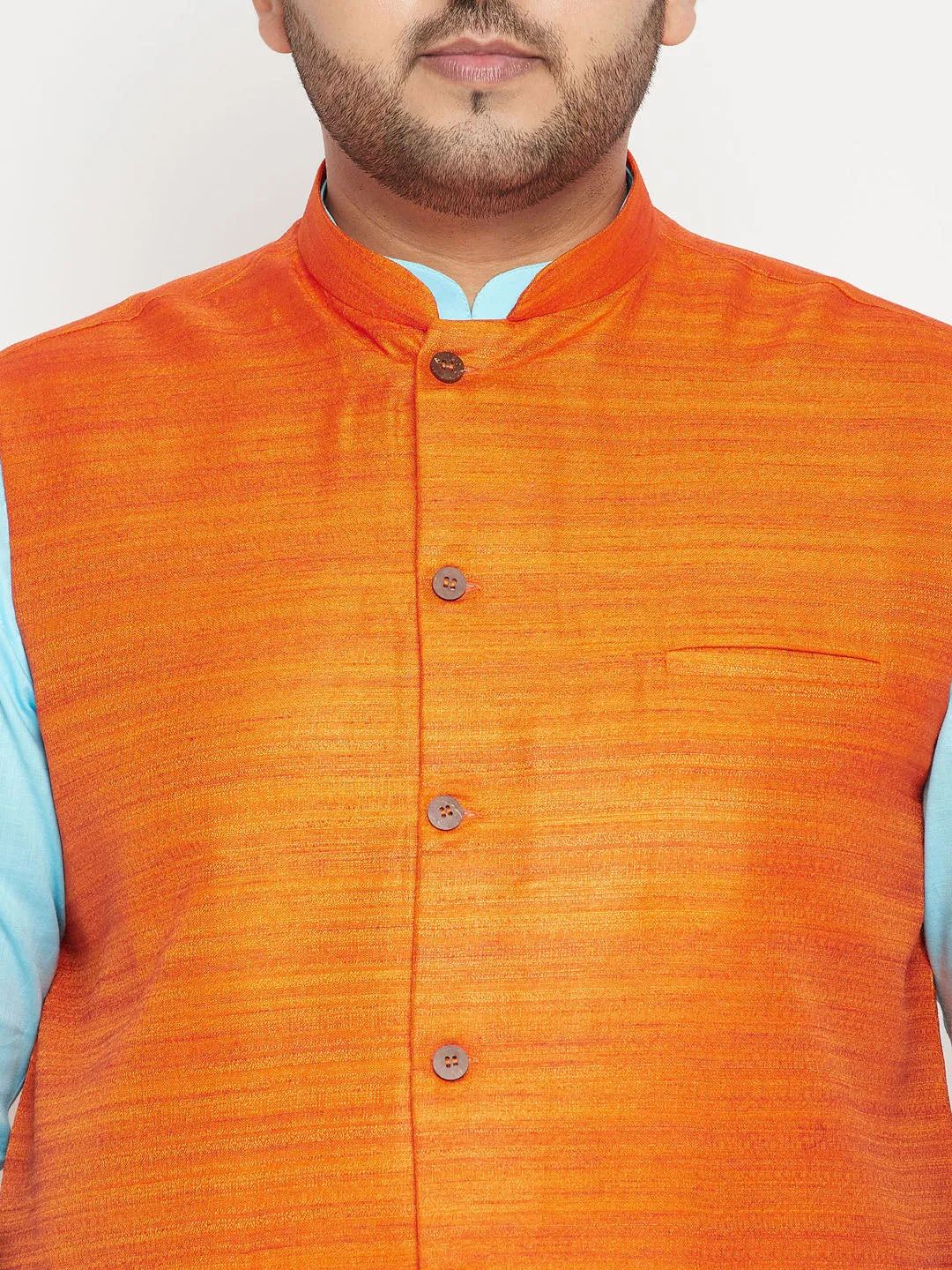 VASTRAMAY Men's Plus Size Orange Matka Silk Textured Nehru Jacket