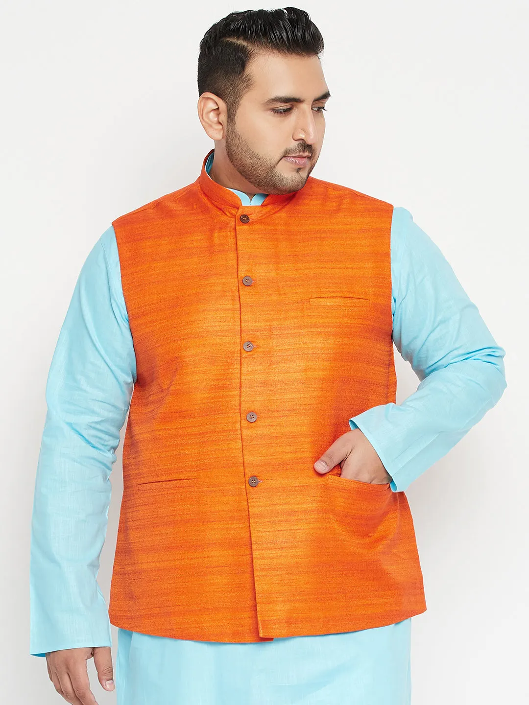 VASTRAMAY Men's Plus Size Orange Matka Silk Textured Nehru Jacket