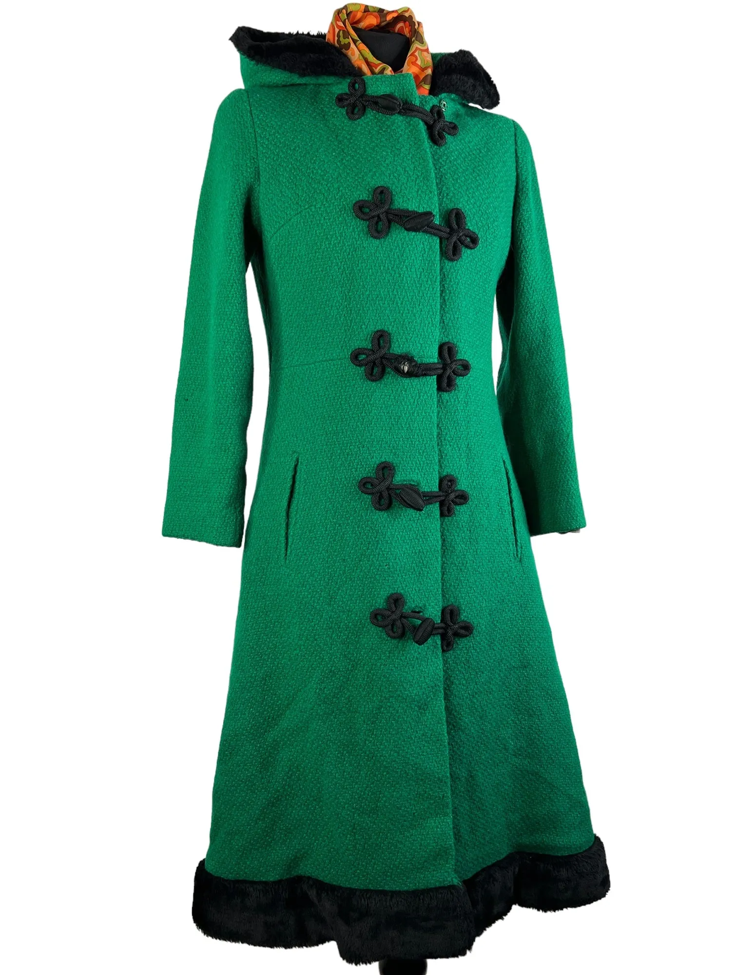 Vintage 1960s Hooded Faux Fur Trim Toggle Princess Coat in Green by Birds of Britain - Size UK 10