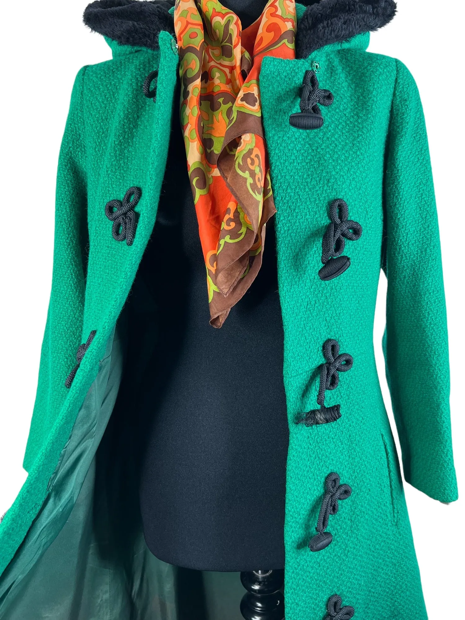 Vintage 1960s Hooded Faux Fur Trim Toggle Princess Coat in Green by Birds of Britain - Size UK 10
