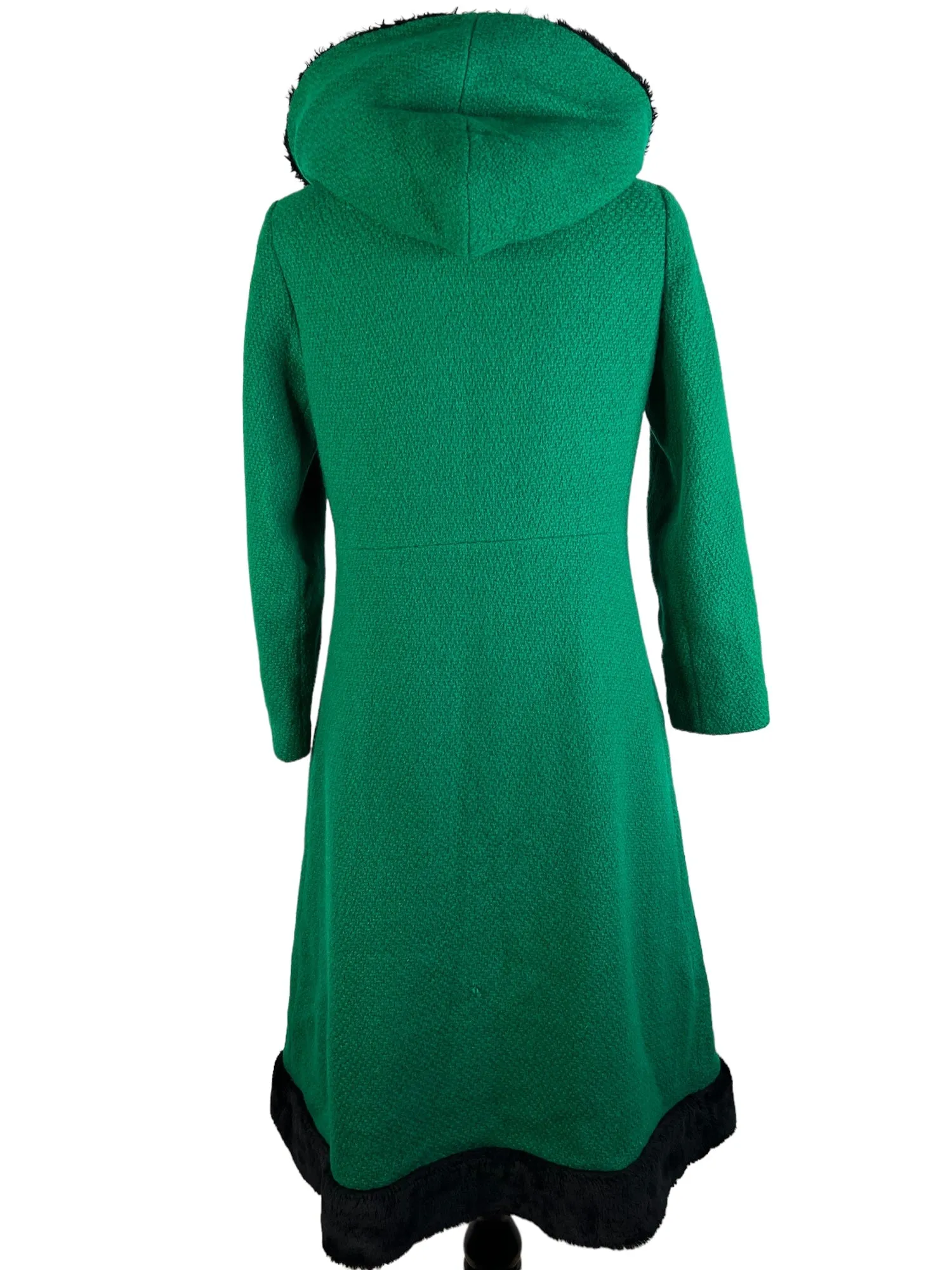 Vintage 1960s Hooded Faux Fur Trim Toggle Princess Coat in Green by Birds of Britain - Size UK 10