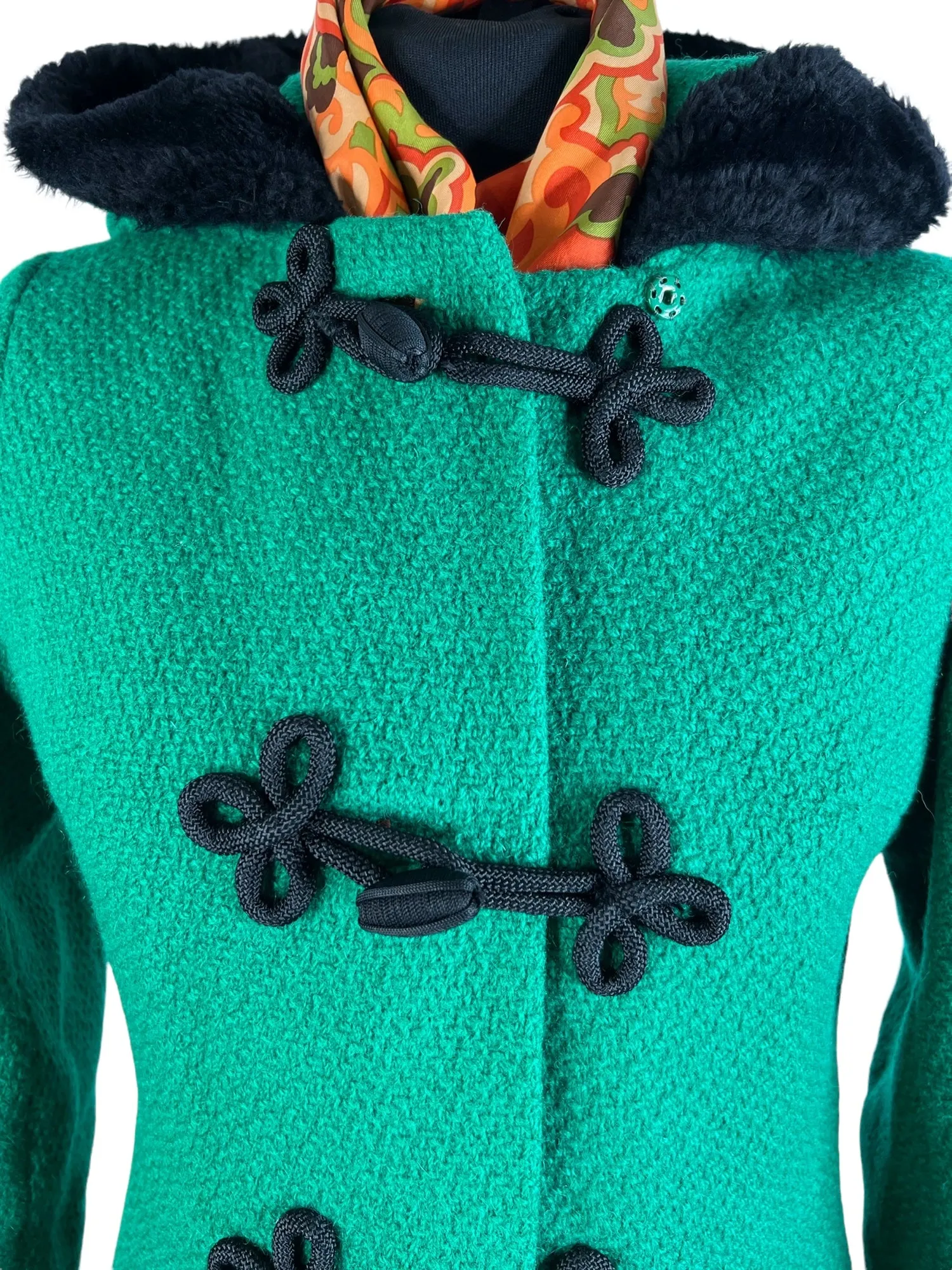 Vintage 1960s Hooded Faux Fur Trim Toggle Princess Coat in Green by Birds of Britain - Size UK 10