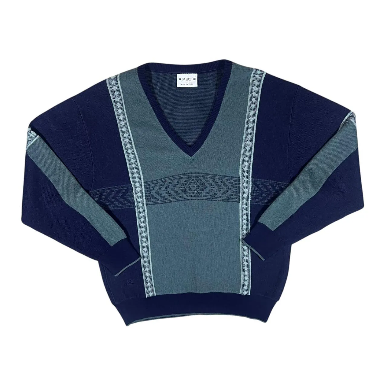Vintage 90's GABICCI Grandad Patterned Wool Acrylic Knit V-Neck Sweater Jumper