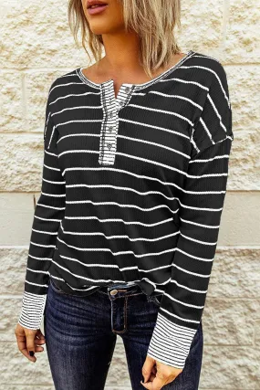 Warm Striped Knit Henley Long Sleeve T-Shirt