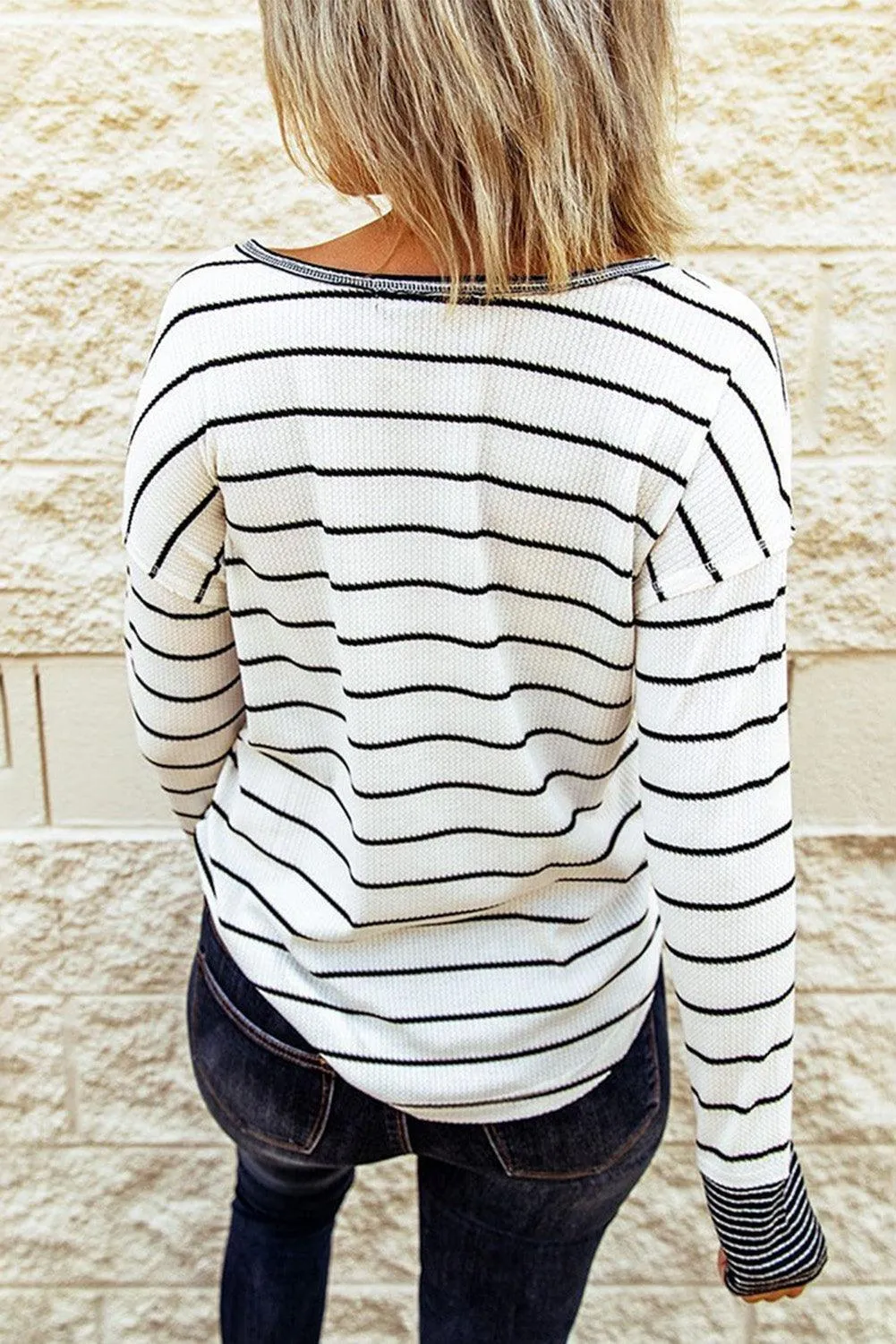 Warm Striped Knit Henley Long Sleeve T-Shirt