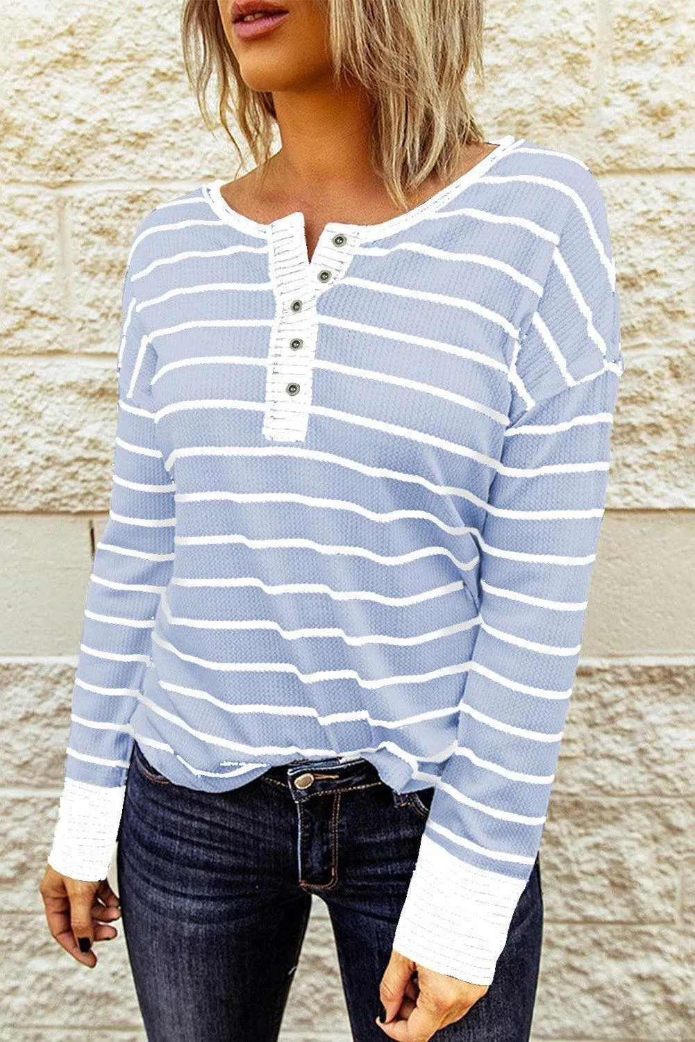 Warm Striped Knit Henley Long Sleeve T-Shirt