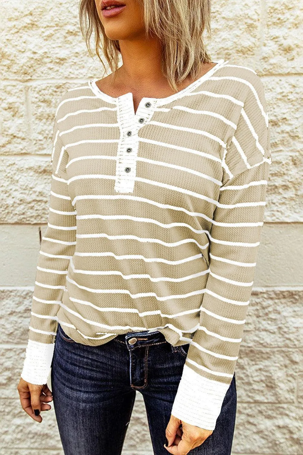 Warm Striped Knit Henley Long Sleeve T-Shirt