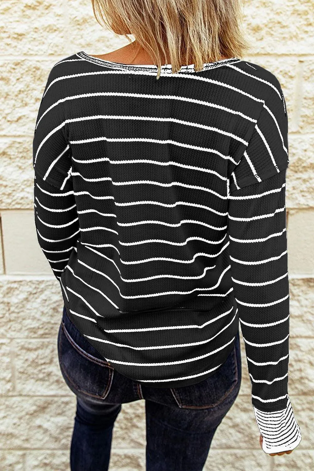 Warm Striped Knit Henley Long Sleeve T-Shirt