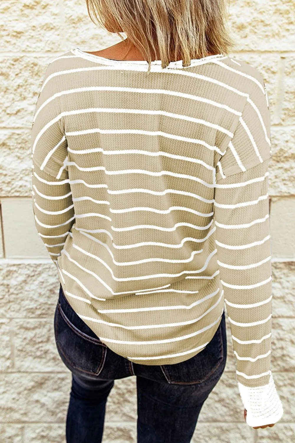 Warm Striped Knit Henley Long Sleeve T-Shirt
