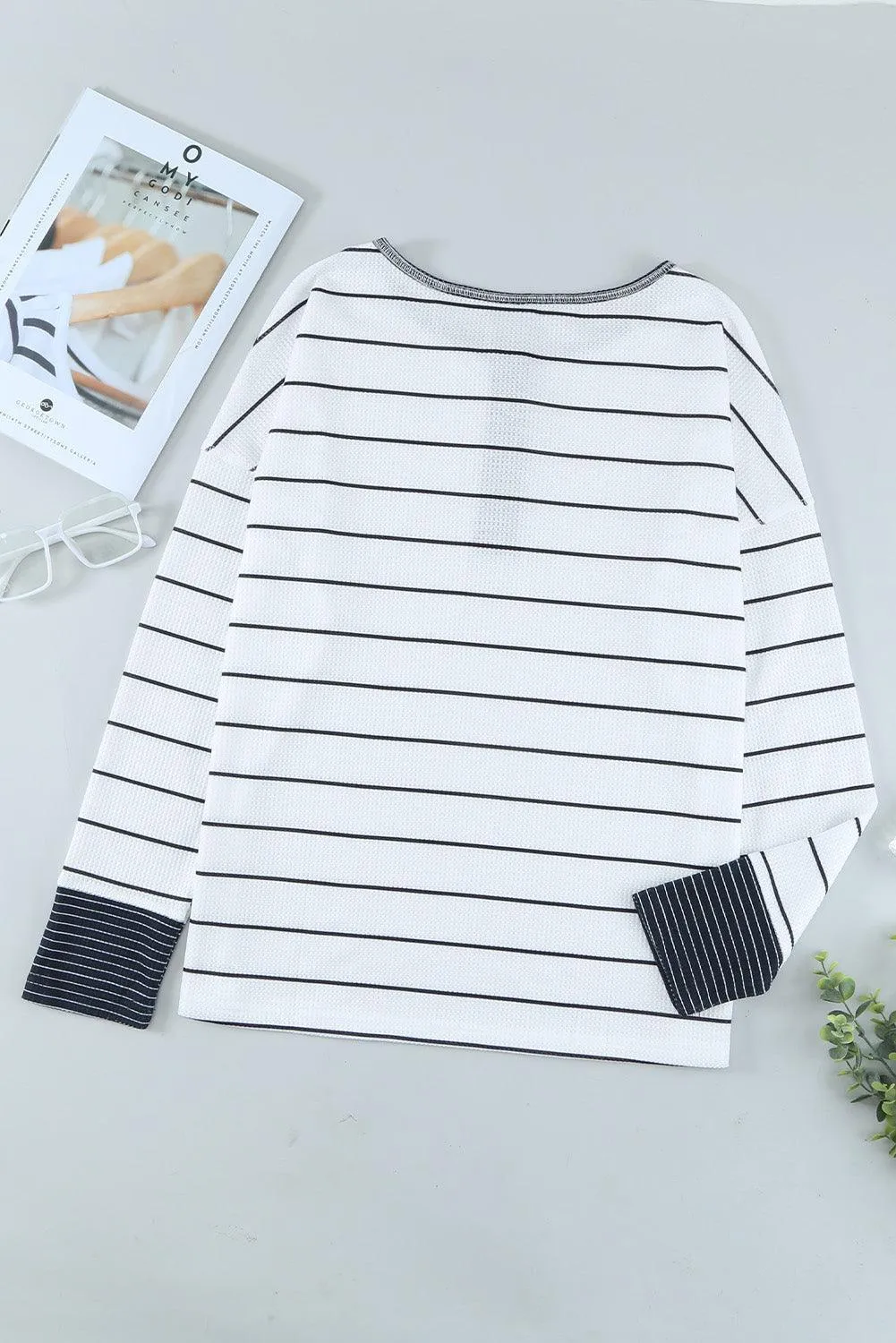Warm Striped Knit Henley Long Sleeve T-Shirt