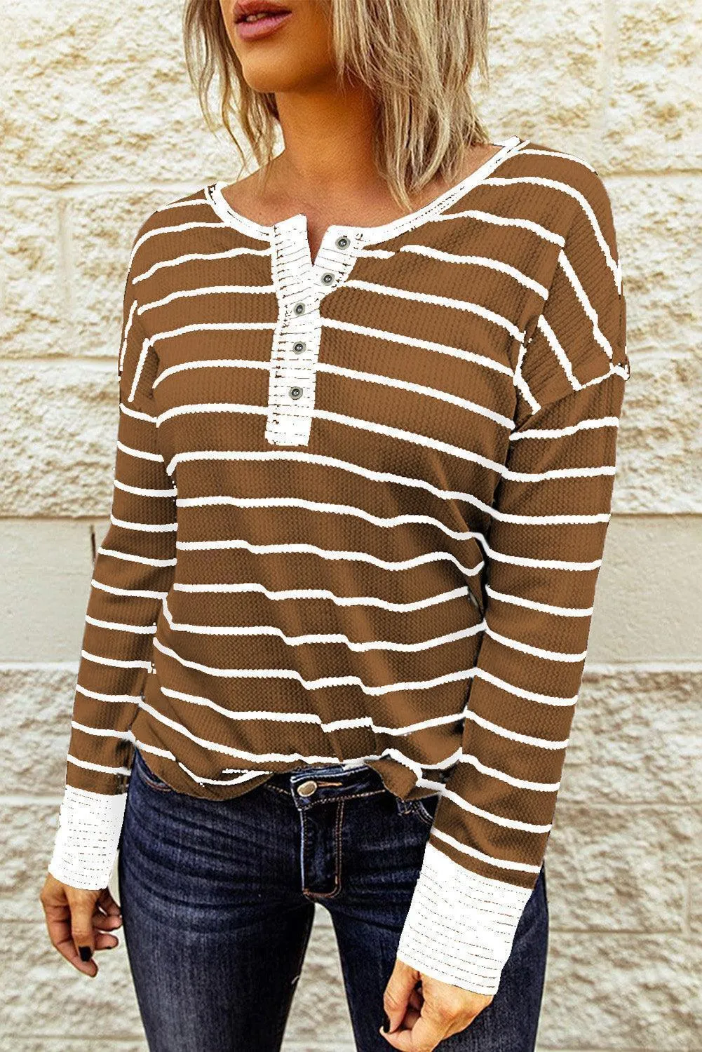 Warm Striped Knit Henley Long Sleeve T-Shirt