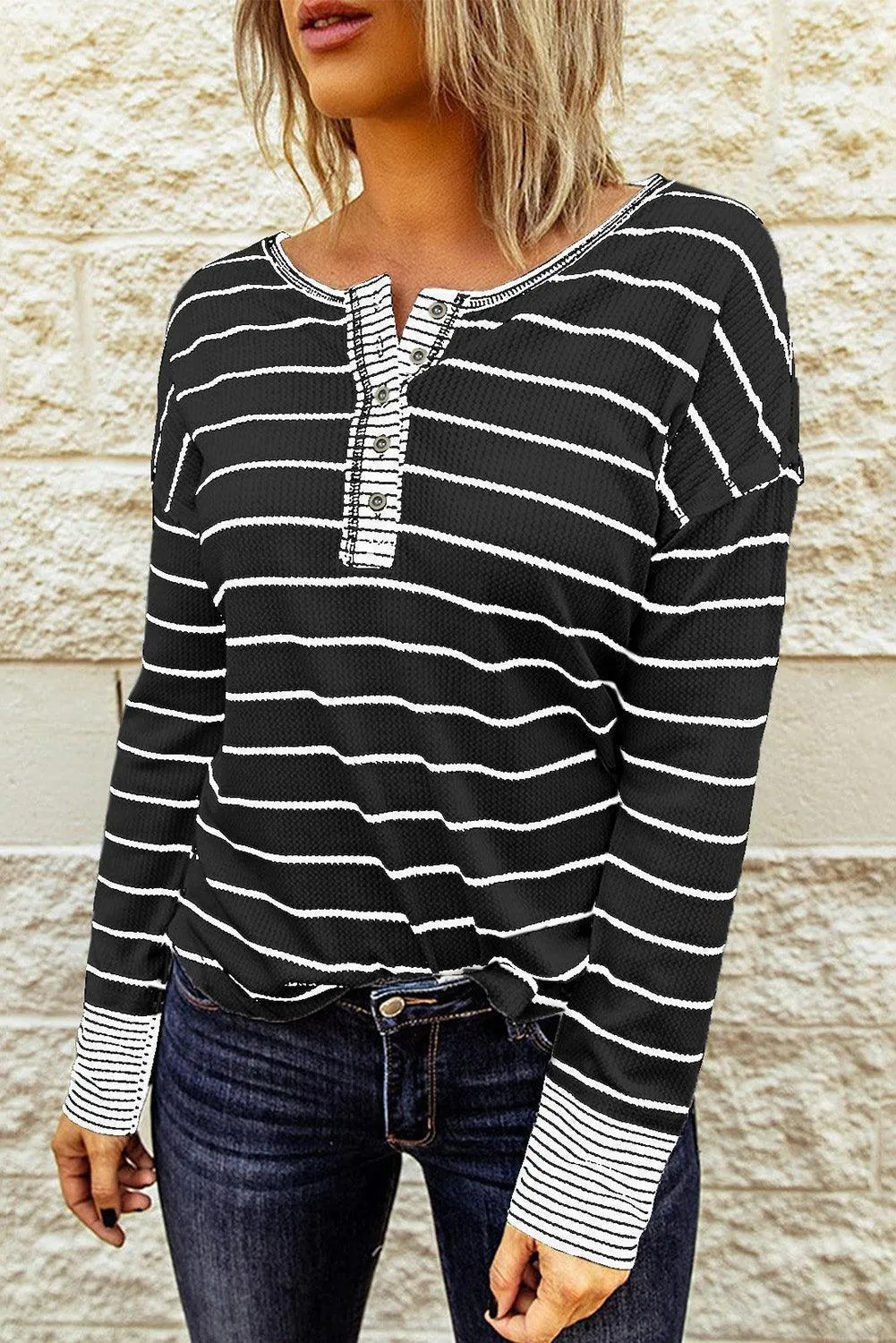 Warm Striped Knit Henley Long Sleeve T-Shirt