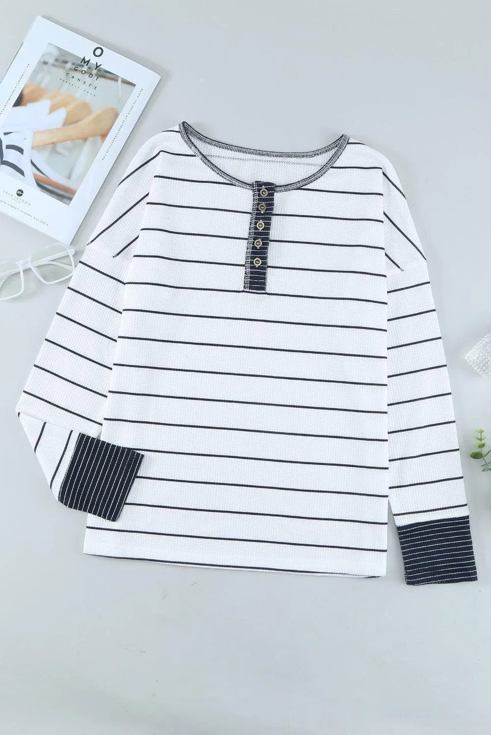 Warm Striped Knit Henley Long Sleeve T-Shirt