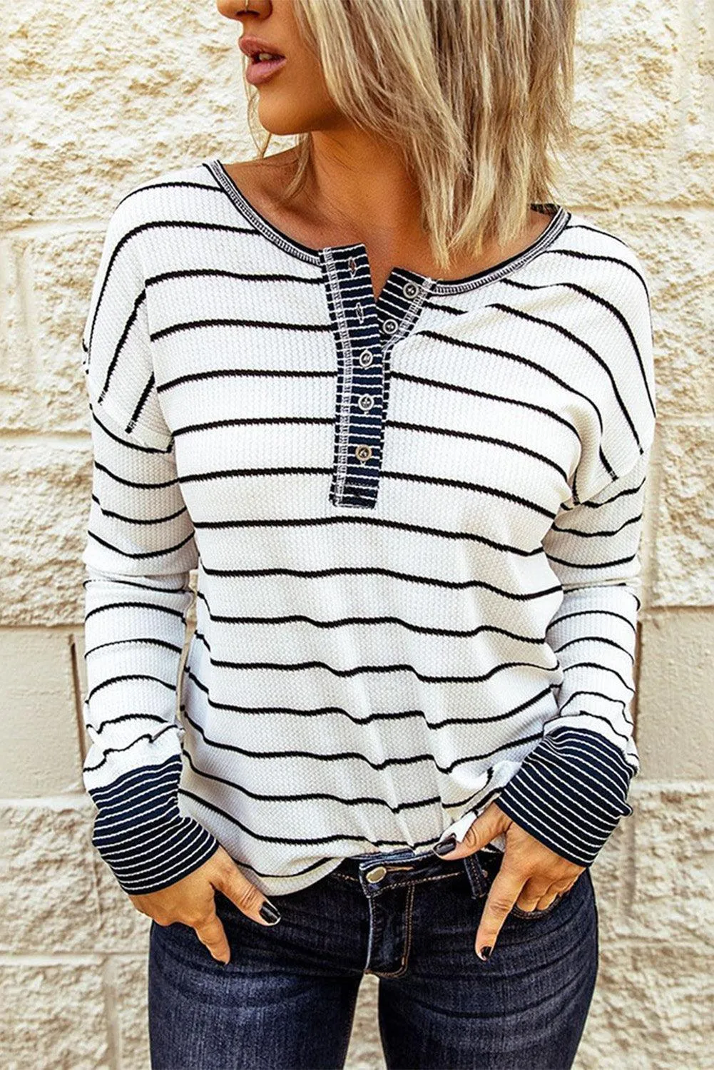 Warm Striped Knit Henley Long Sleeve T-Shirt