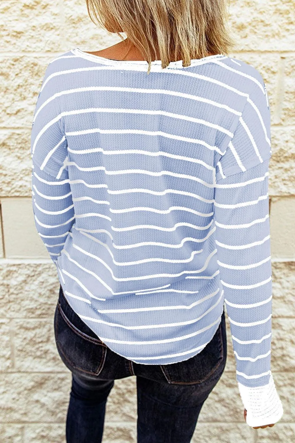 Warm Striped Knit Henley Long Sleeve T-Shirt
