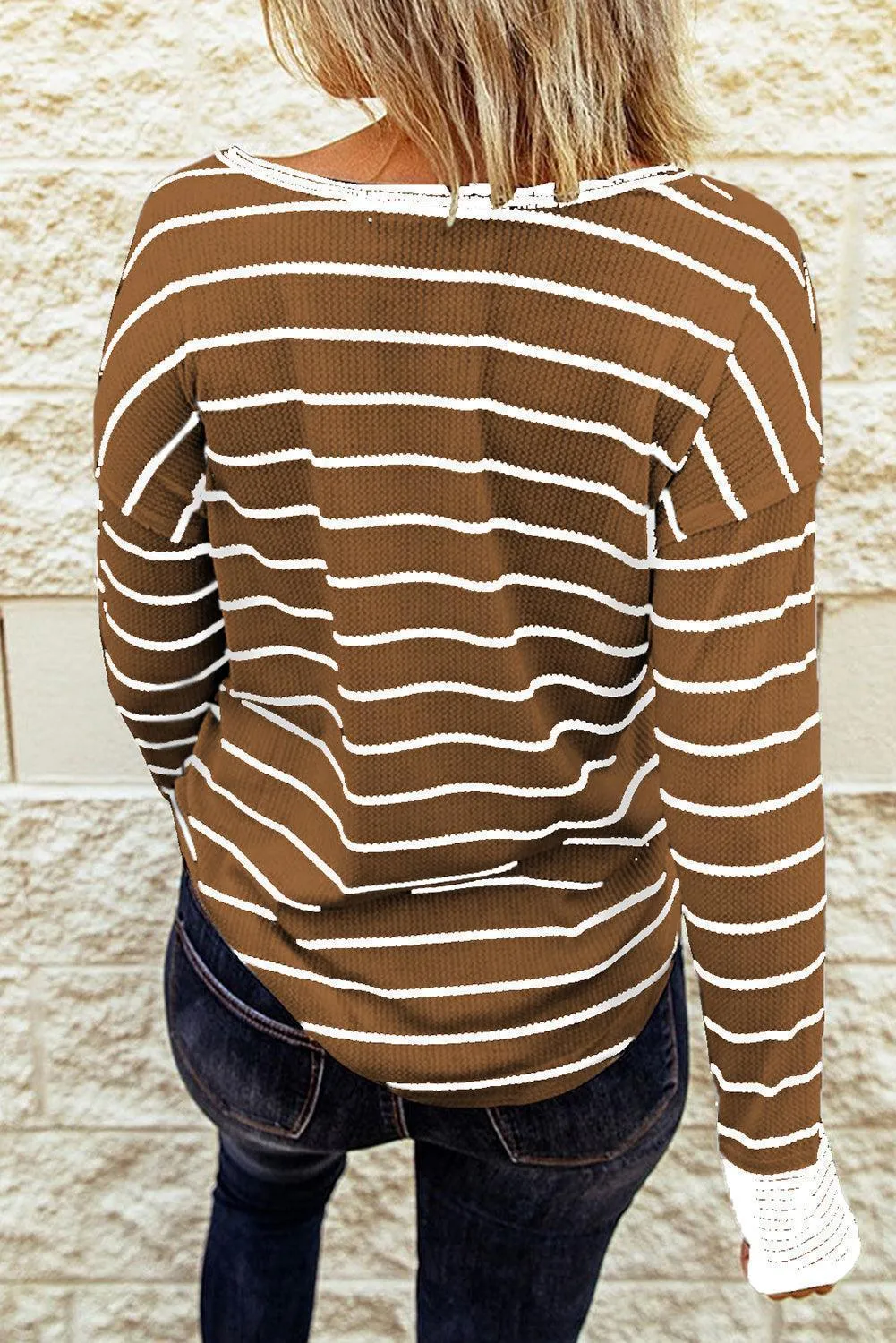 Warm Striped Knit Henley Long Sleeve T-Shirt