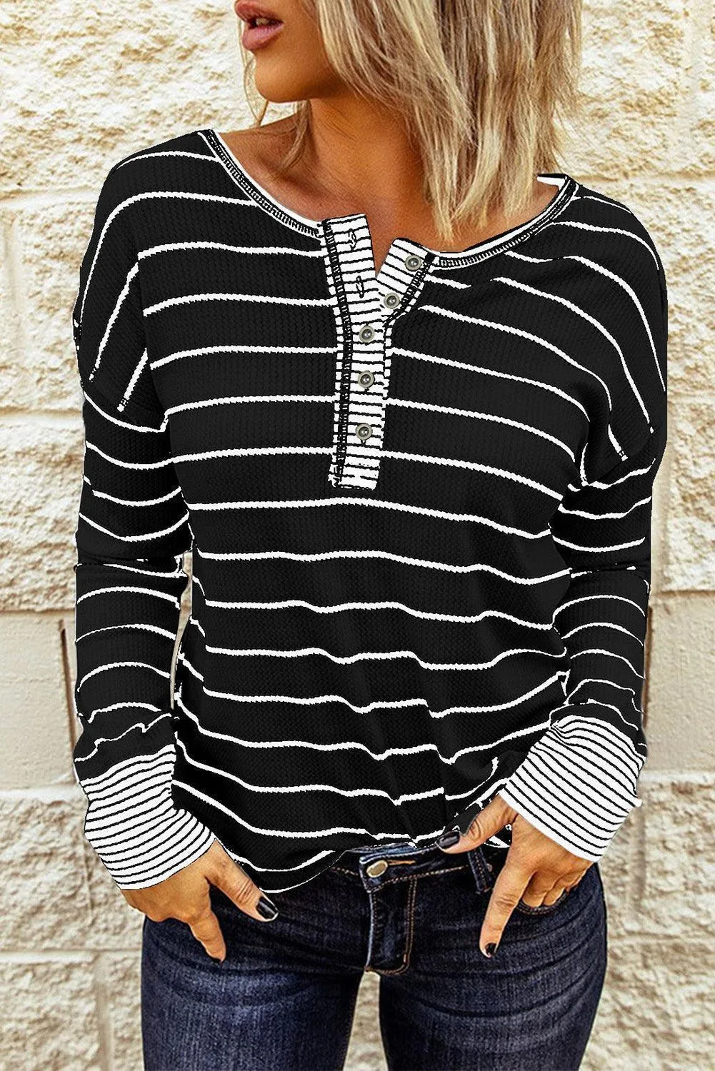 Warm Striped Knit Henley Long Sleeve T-Shirt