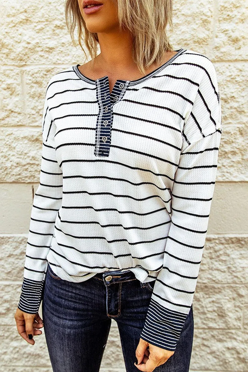 Warm Striped Knit Henley Long Sleeve T-Shirt