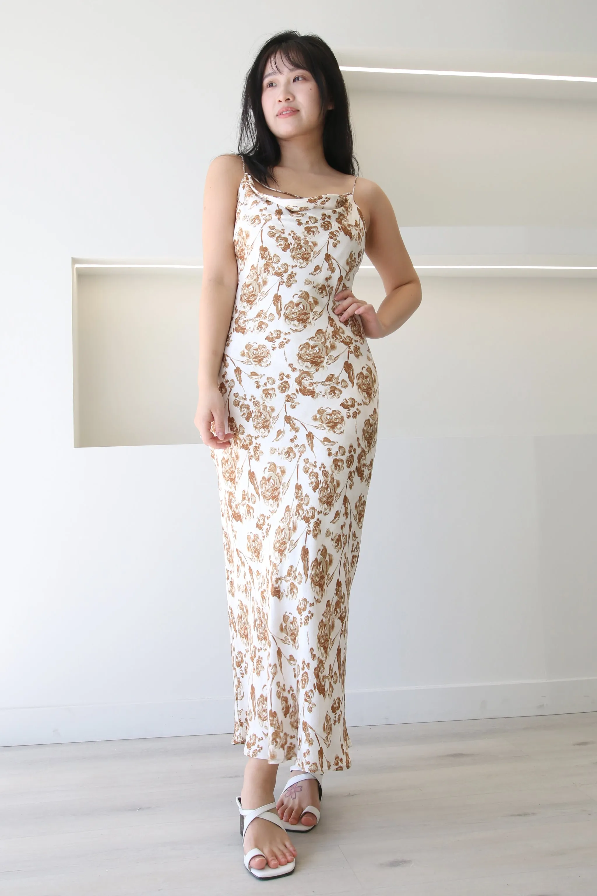 White Brown Rose Print Slip Midi Dress