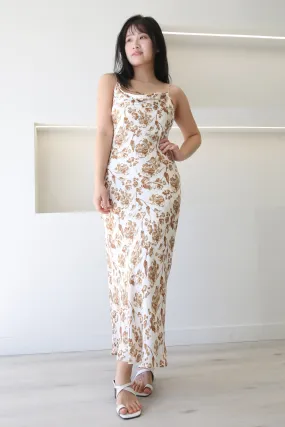 White Brown Rose Print Slip Midi Dress