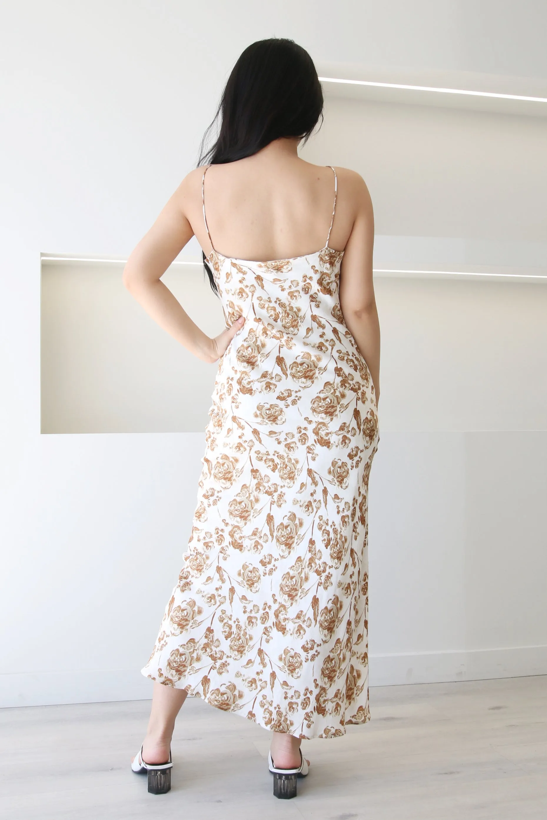 White Brown Rose Print Slip Midi Dress